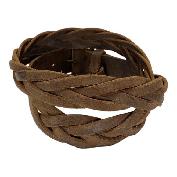 Vintage Leather Braided Belt Burnished Distressed Brass Buckle Sz M Brown - Picture 3 of 10